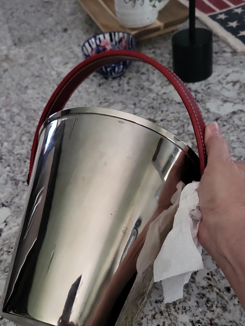 Crate&Barrel Stainless Steel Ice Bucket with Red Leather Handle